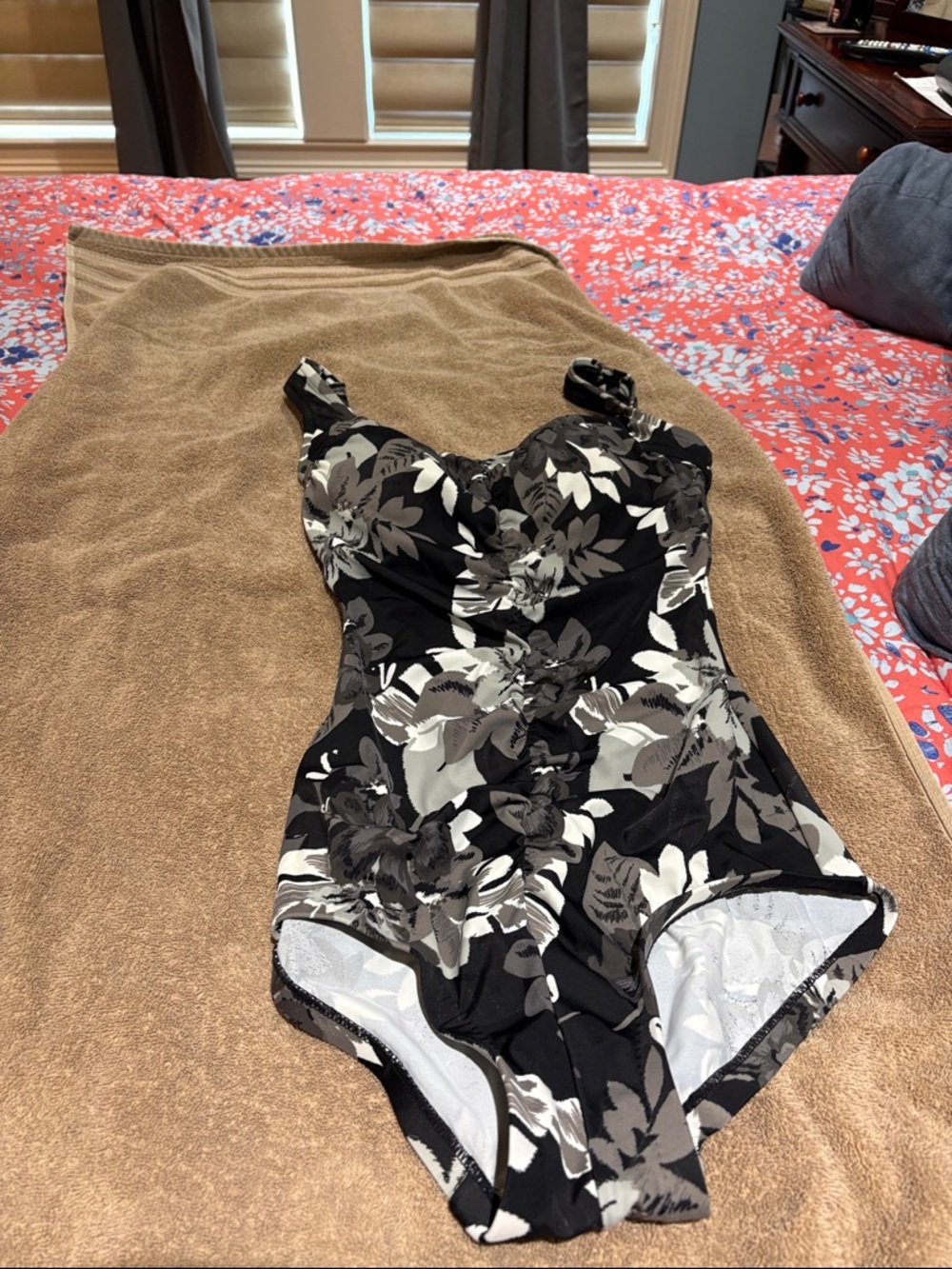 Black Floral One-Piece Swimsuit with Gray and White Print